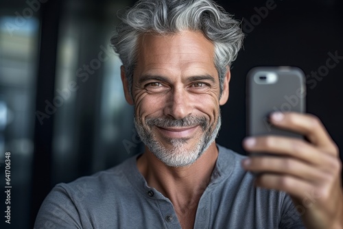 Headshot portrait photography of a grinning mature man taking a selfie with his mobile against a cool gray background. With generative AI technology
