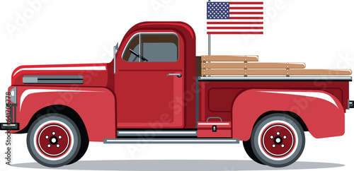 Red pickup trucks with USA flag