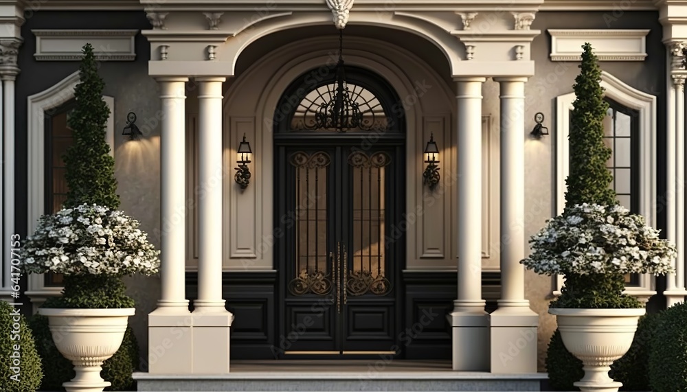 Luxury palace front door with marble pillars and arch