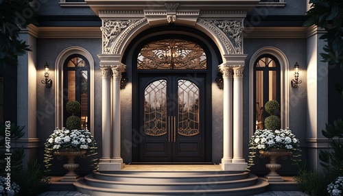 Luxury palace front door with marble pillars and arch