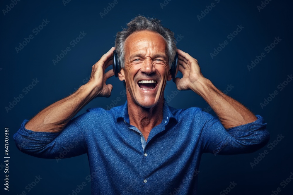 Medium shot portrait photography of a happy mature man covering his ears against a sapphire blue background. With generative AI technology Medium shot portrait photography of a happy mature man covering his ears against a sapphire blue background. With generative AI technology