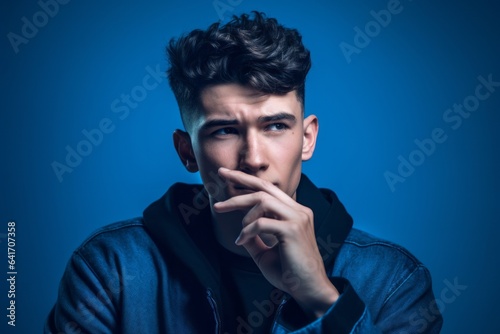 Close-up portrait photography of a beautiful boy in his 30s making a gesture of i'm thinking with the finger on the head against a sapphire blue background. With generative AI technology