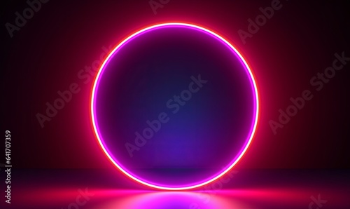 3d render, abstract geometric background. Glowing neon ring, gradient light. Blank round frame for product presentation, Generative AI