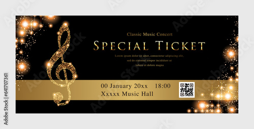 Shining treble clef and concert ticket
