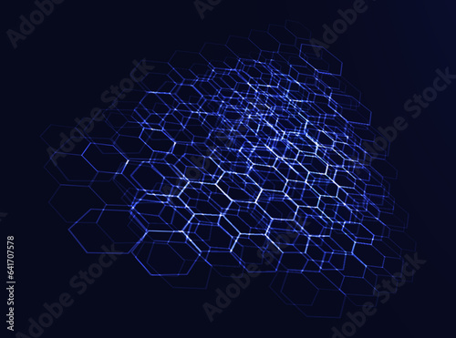 Abstract vector future technology. Background illustration. Blue light cyber, digital data. Hexagon pixel
