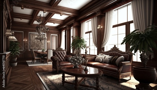 Bright luxurious royal living room with elegant furnitures, giant windows and antique chandelier