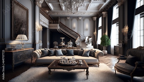 Bright luxurious royal living room with elegant furnitures  giant windows and antique chandelier