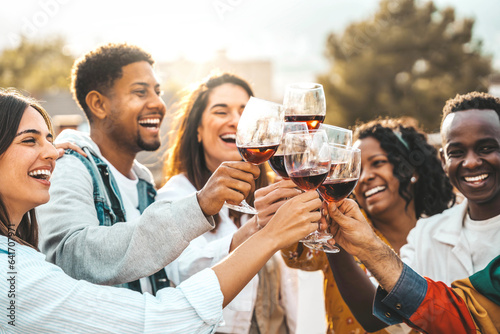 Quadro em tela Young people toasting red wine glasses at farm house vineyard countryside - Happ