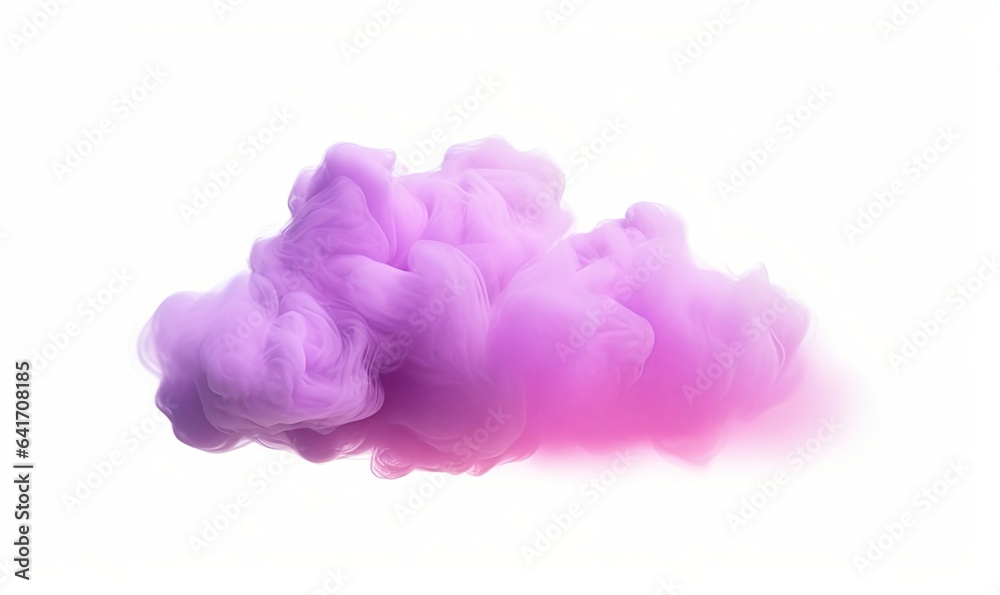 3d rendering, glowing violet pink soft cloud isolated on white background. Fluffy cumulus atmosphere phenomenon. Realistic sky clip art element, Generative AI