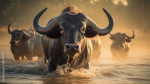 Close up image of a group of african buffalos running through the water in the savanna during a safari © Flowal93