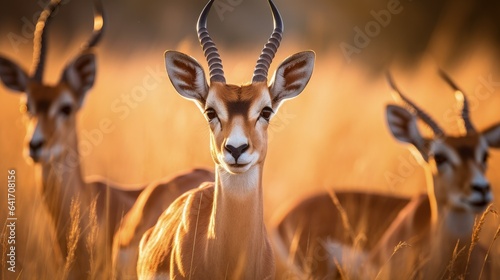 Close up image of a group of impala antelopes in the african savanna during a safari photo