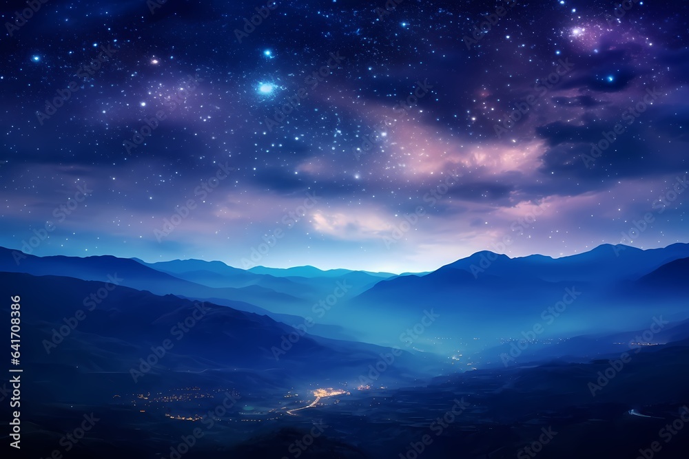 Night landscape with colorful Milky Way and yellow light at mountains, starry sky with hills in summer, beautiful Universe, space background