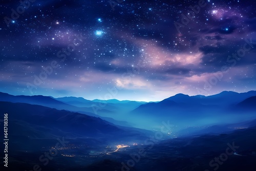Night landscape with colorful Milky Way and yellow light at mountains, starry sky with hills in summer, beautiful Universe, space background