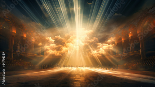 A stage enveloped in billowing clouds, with beams of sunlight piercing through, creating a heavenly aura
