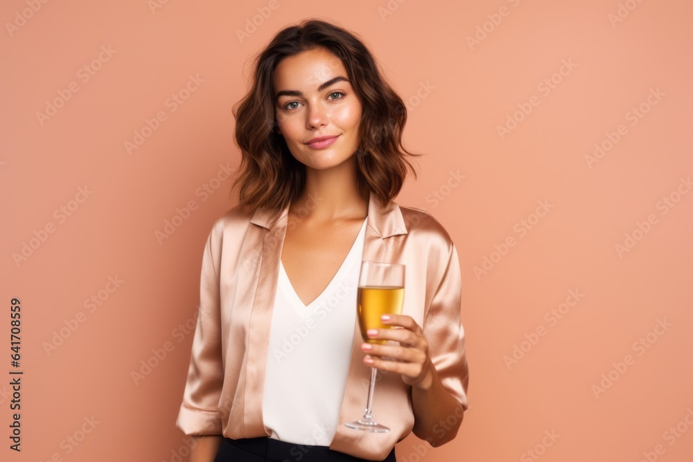 Medium shot portrait photography of a beautiful girl in her 20s holding a glass of champagne against a coral pink background. With generative AI technology Medium shot portrait photography of a beautiful girl in her 20s holding a glass of champagne against a coral pink background. With generative AI technology