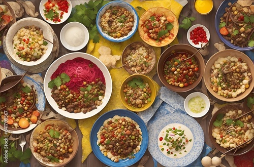 Capture a vibrant collage of diverse dishes from around the world