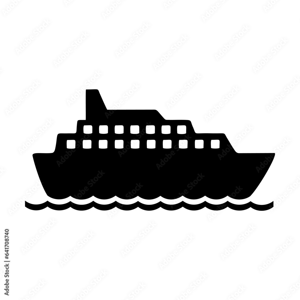 Black silhouette of multi deck cruise ocean liner isolated on white. Sea trip cartoon illustration. Transportation, holidays concept. Simple black and white vector Black silhouette of multi deck cruise ocean liner isolated on white. Sea trip cartoon illustration. Transportation, holidays concept. Simple black and white vector