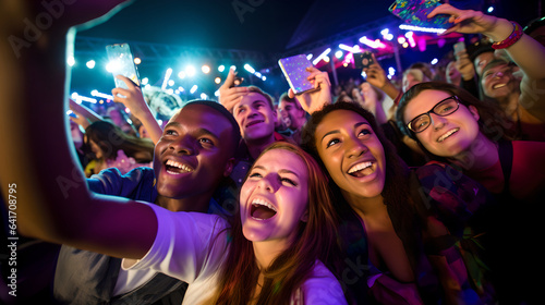 Group of happy friends taking selfie with smartphone while dancing in front of stage on music festival at night