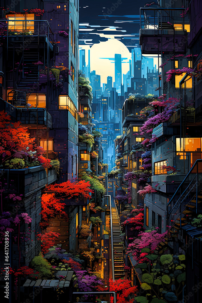 Fototapeta premium Generative AI illustration of Big city with night lighting in painterly