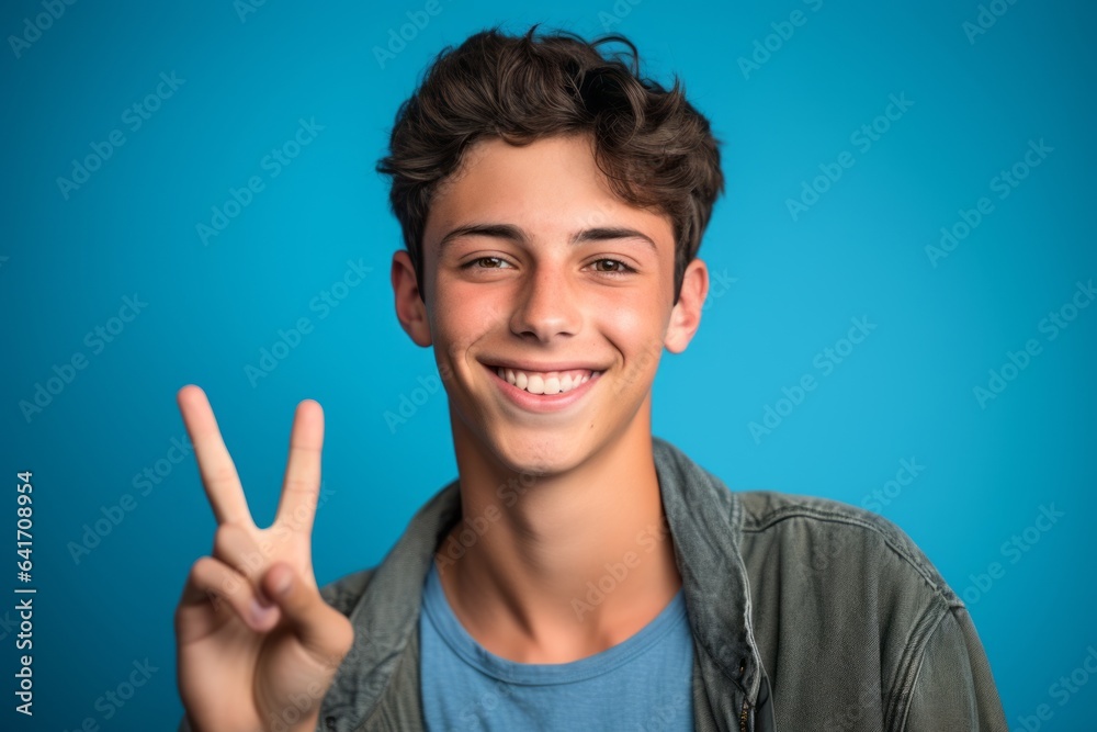 Headshot portrait photography of a grinning boy in his 20s making a peace gesture with two fingers against a cerulean blue background. With generative AI technology Headshot portrait photography of a grinning boy in his 20s making a peace gesture with two fingers against a cerulean blue background. With generative AI technology