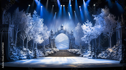 A winter-themed stage, where artificial snowflakes drift down and pine trees line the backdrop