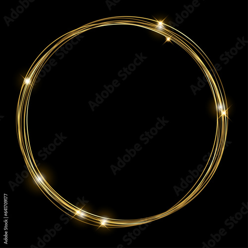 Vector template of shining gold circle  frame round with glitter for Christmas celebration party, New Year card, wedding, bachelorette party, baby shower party, logo. Vector illustration