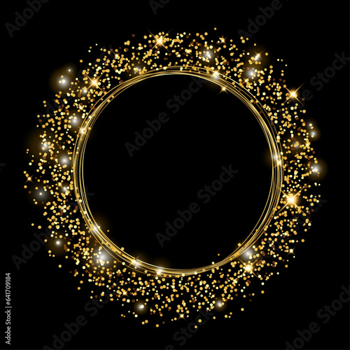 Vector template of shining gold circle  frame round with glitter for Christmas celebration party, New Year card, wedding, bachelorette party, baby shower party, logo. Vector illustration