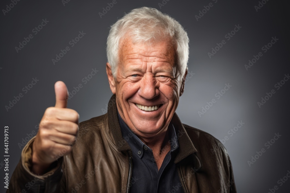 Headshot portrait photography of a joyful mature man showing a thumb up against a gold background. With generative AI technology Headshot portrait photography of a joyful mature man showing a thumb up against a gold background. With generative AI technology