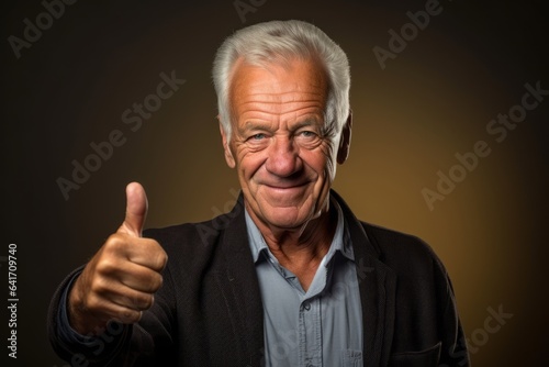 Headshot portrait photography of a joyful mature man showing a thumb up against a gold background. With generative AI technology