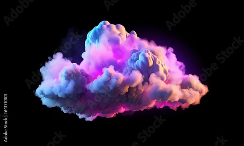 3d render, magical cloud illuminated with colorful neon light. Clip art isolated on black background. Fantasy sky design element, Generative AI