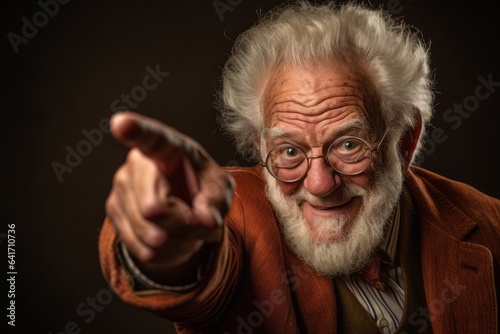 Close-up portrait photography of a grinning old man pointing down against a copper brown background. With generative AI technology