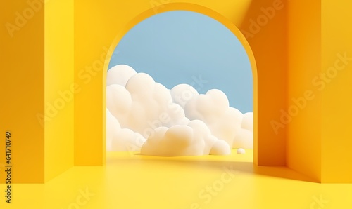 3d rendering, abstract minimalist yellow background with the row of three white clouds flying out the tunnel, Generative AI