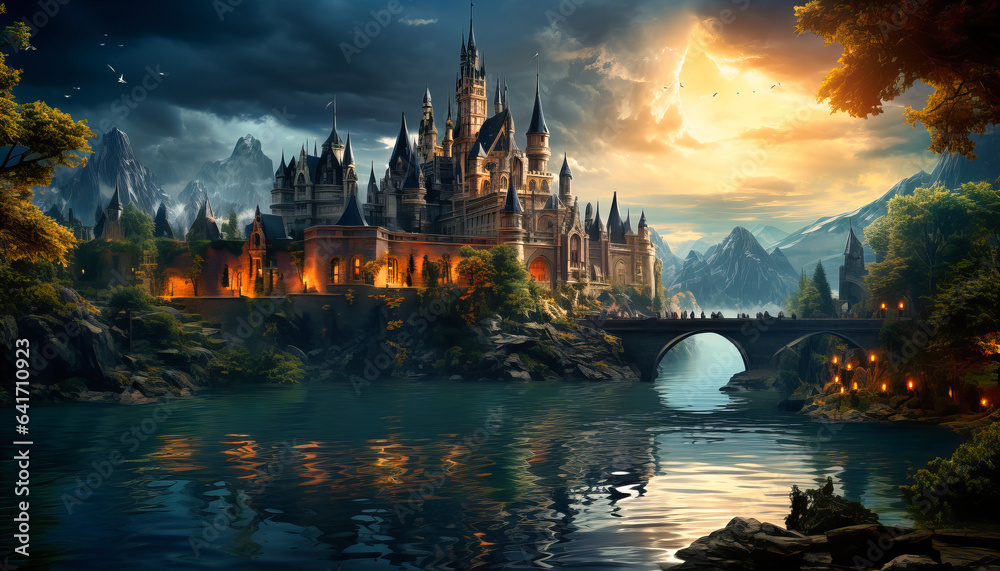 A majestic castle nestled amidst mist-covered mountains, surrounded by ancient trees and shimmering lakes