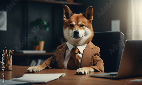 Shiba inu Dog in a businessman suit sits diligently at an office desk, exuding professionalism. Created by AI