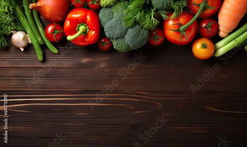 Vegetables on old wood table background. Top view. Vegetarian organic food banner. Created by AI tools
