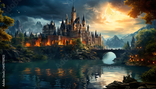 A majestic castle nestled amidst mist-covered mountains  surrounded by ancient trees and shimmering lakes