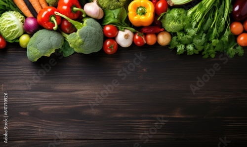 Vegetables on black wood background. Vegetarian organic food banner. Cooking ingredient. Created by AI tools
