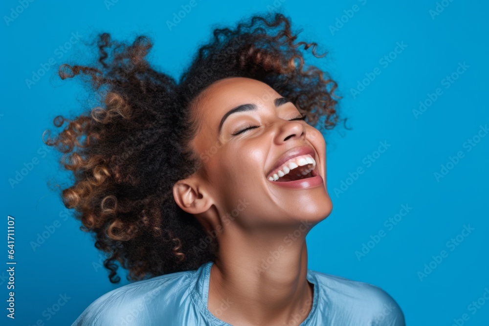 Close-up portrait photography of a joyful girl in her 30s giving a hug to the camera against a periwinkle blue background. With generative AI technology Close-up portrait photography of a joyful girl in her 30s giving a hug to the camera against a periwinkle blue background. With generative AI technology