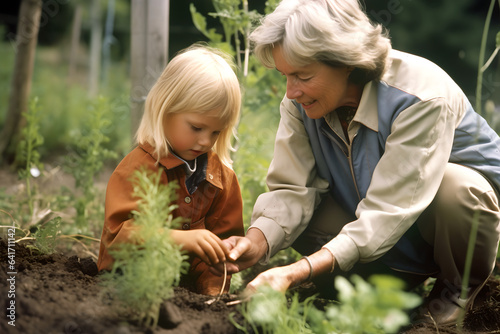 Grandmother and her granddaughter tending to their garden with love and care. Gardening with a kids, hobbies and leisure, family life