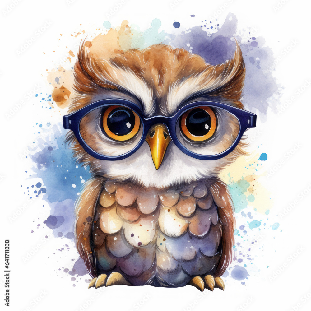 Geeky Owl Art Print, Intellectual Bird Illustration, Nerdy Owl with Glasses With White Background