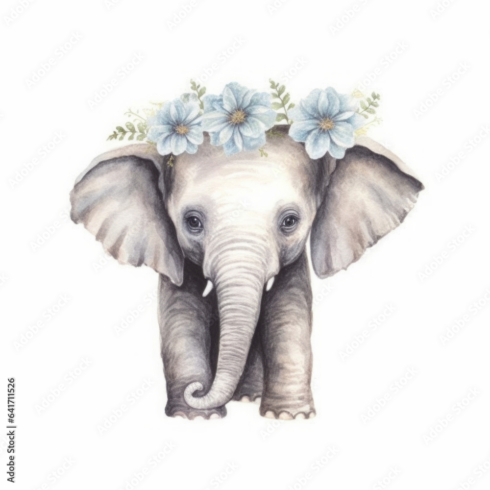 Baby Elephant with Blue Flowers, Gentle Watercolor Safari Animal Art, Serene Wildlife Nursery Illustration with white background
