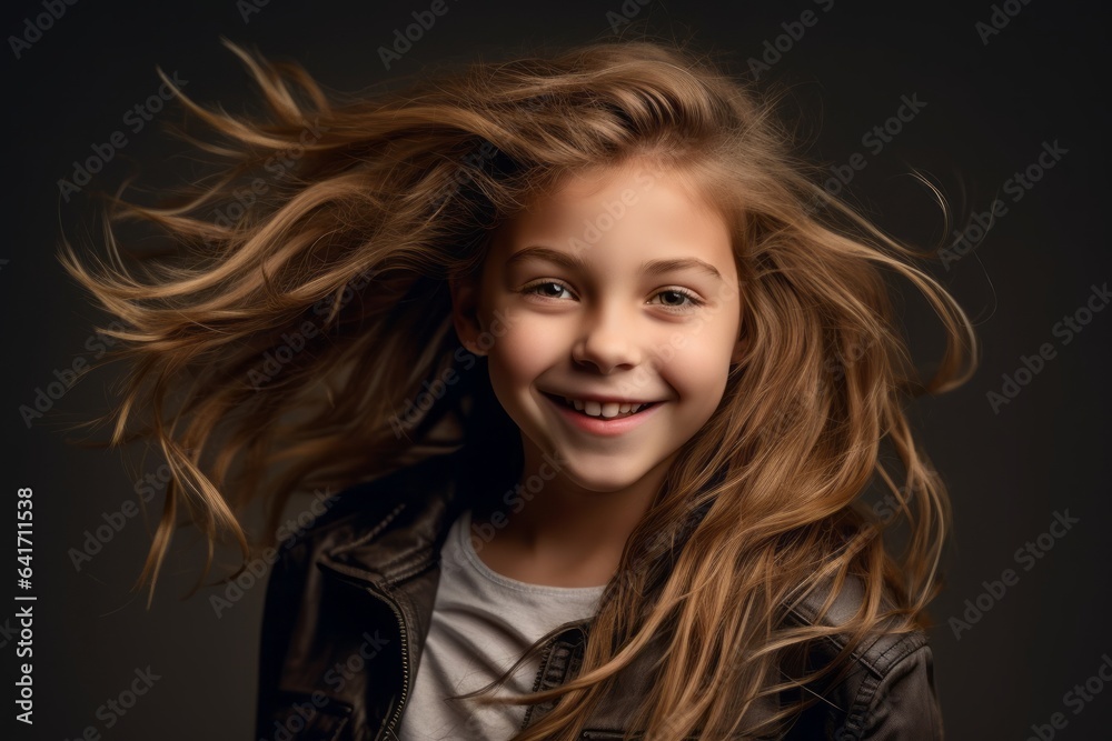 Headshot portrait photography of a happy kid female touching her hair against a minimalist or empty room background. With generative AI technology Headshot portrait photography of a happy kid female touching her hair against a minimalist or empty room background. With generative AI technology