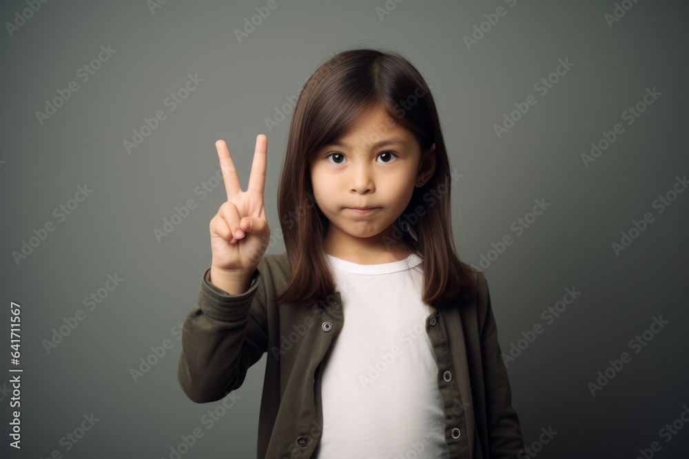 Lifestyle portrait photography of a satisfied kid female making the l sign against a minimalist or empty room background. With generative AI technology Lifestyle portrait photography of a satisfied kid female making the l sign against a minimalist or empty room background. With generative AI technology