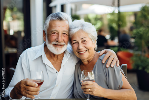 Portrait of happy senior couple smiling while holding each other outdoor restaurant, smiling senior couple embracing each other, enjoying retirement outdoor