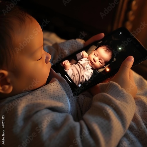 Small child lying in bed with smartphone