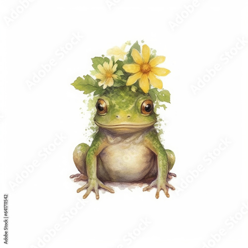 Garden Frog with Floral Crown  Whimsical Amphibian Art  Fairytale Forest Creature Decor with white background