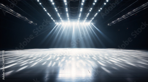 Crisp white light illuminating an empty stage, highlighting the scuffs and marks of countless performances