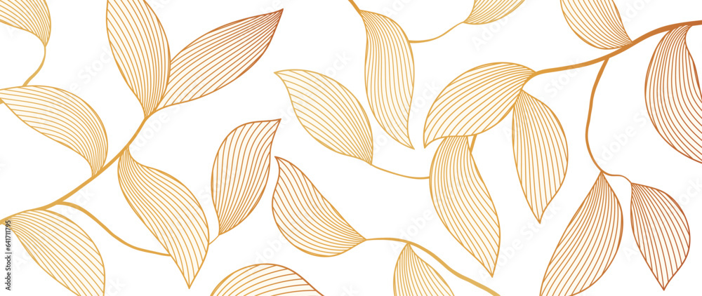 Golden botanical leafy background. Luxury wallpaper with hand drawn golden leaves, leaves and branches. Elegant botanical design for banner, invitation, packaging, wall art.
