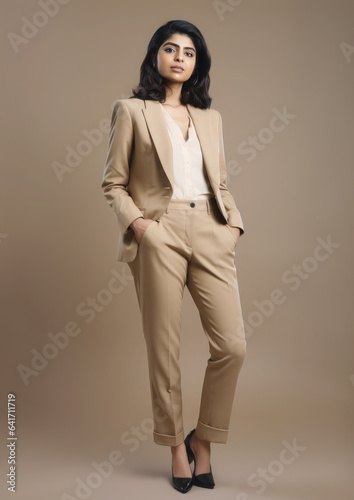 Generative AI, A beautiful young Indian girl in a beige business suit, a jacket and trousers on a plain background, a businesswoman, a boss, a place for text, a successful woman, office manager © Julia Zarubina