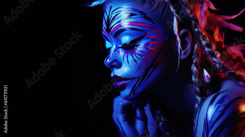 Close-up portrait of a futuristic woman with neon make-up. woman with neon makeup.